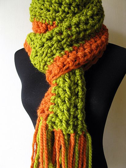 Peas and Carrots Crochet Scarf in Orange Lemongrass Green by beautifulbridget on Etsy