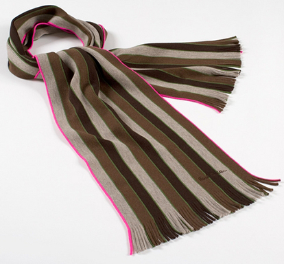 Paul Smith Men's College Stripe Scarf in brown and tan with pink and green accents